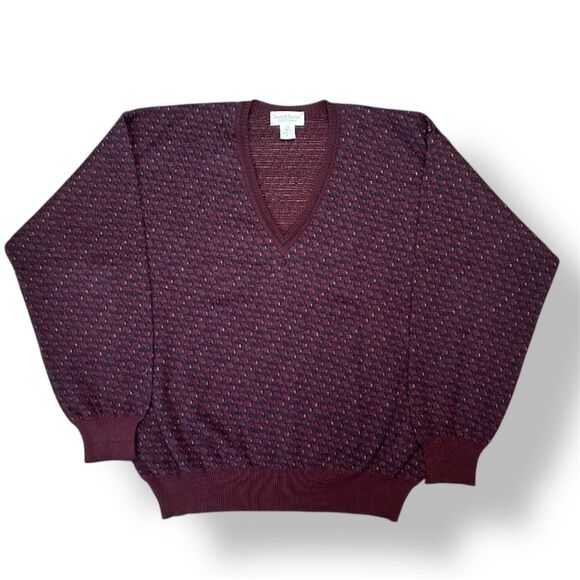 Tricots St Raphael Men's L Wool Sweater Burgundy Geometric Knit Grandpa Academia - Picture 1 of 8